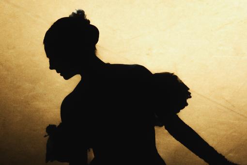the photo shows the black shadow of the camellia lady's head and torso, the silhouette appears against a background that fades from money to light brown