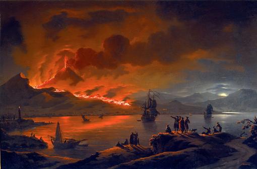 A historical oil painting showing the eruption of Mount Vesuvius over the Gulf of Naples at night.