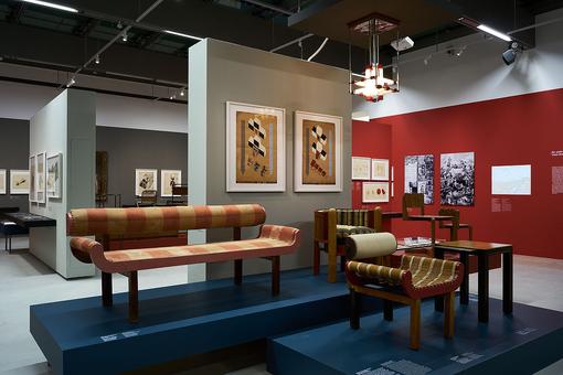 Exhibition view with furniture, paintings and original designs of the Atelier Bauhaus Vienna