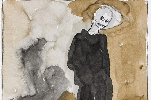 Photos of watercolor in black, gray, brown colors depicting death with skull and in black robe