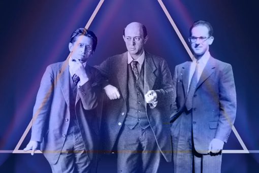 The exhibition poster is in the color blue and shows the protagonists of the exhibition: Zemlinsky, Schönberg and Hoffmann in the clothes of their time