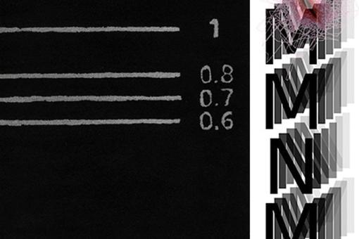The photo shows a hand-tufted carpet in the colors black and white, on the right the logo of the band MMNM in black letters on a white background, on the left a black area with three white lines and numbers