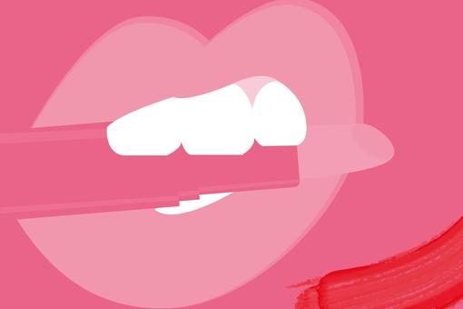 Graphic in various shades of pink and magenta showing a mouth holding a lipstick between its teeth.