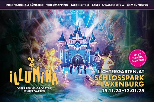 You can see the colorful event poster with all the information about the event in the foreground, behind it elfish figures, a fairytale castle and visitors walking through this world