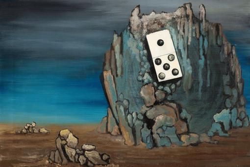 The painting shows a stony landscape in shades of blue, turquoise and brown. An oversized white domino is stuck to a larger rock