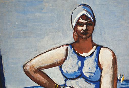 Painting in blue tones showing woman in light blue swimsuit and with light blue scarf on her head, she is supporting one arm on her hip