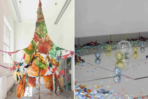 Two photos of two installations: a hanging fabric installation in the colors orange, green and an installation with transparent plastic balls of different sizes
