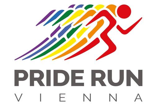 The logo of the Pride Run Vienna: a stylized runner:in in the rainbow colors, below the lettering Pride Run Vienna in black, all against a white background.