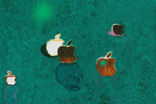 Oil painting with a turquoise background on which five apples are painted in white, black and orange in a very simple depiction.