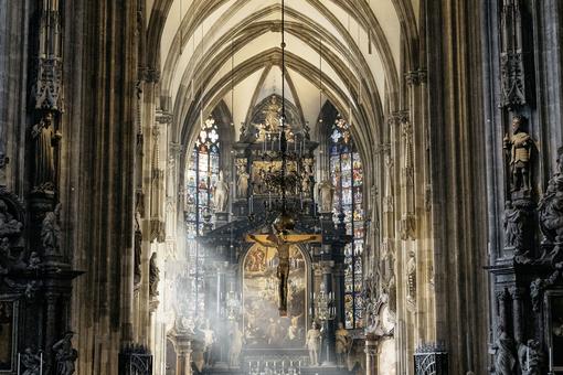 Interior view of St. Stephen's Cathedral with cross in the center