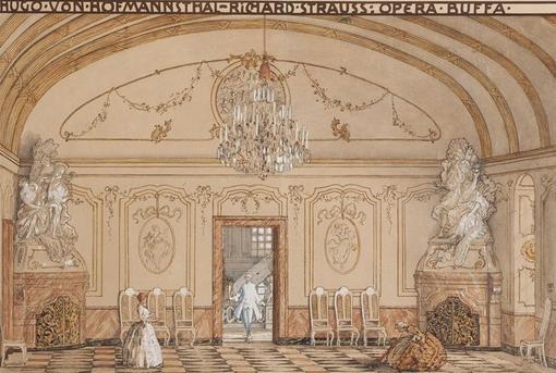 The photo shows a hand-drawn set design for the opera "Der Rosenkavalier" from 1910