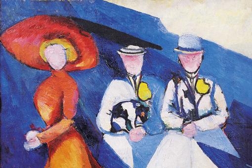 Das Ölgemälde zeigt drei Frauen: eine Frau in einem roten Kleid mit ausladenem Hut, zwei in weißer Bekleidung mit kleinen Hüten, eine Frau hält einen kleinen Hund auf dem Schoß