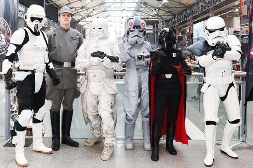 Photo of Vienna Comix visitors dressed in costumes of various characters from the Star Wars films.