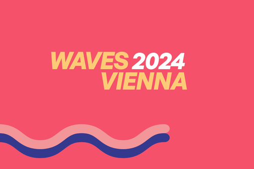 The image shows the Waves Vienna logo and lettering in capital letters and in yellow and white against a red background, with two wavy lines in blue and pink below.