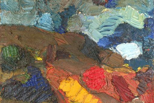 Photo of an abstract oil painting depicting a sand pit. The oil colors are generously applied with thick brushstrokes. Turquoise, blue and gray for the sky. Brown, strong red and yellow for the earth