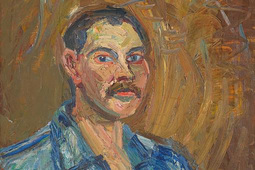 Self-portrait in oils by Herbert Boeckl, the painter wears a blue shirt, short brown hair, all against a brown background