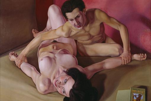 Painting showing a naked couple on a bed. The man holds the arms of the woman, is bent over her. Everything in beige, pink and pink tones