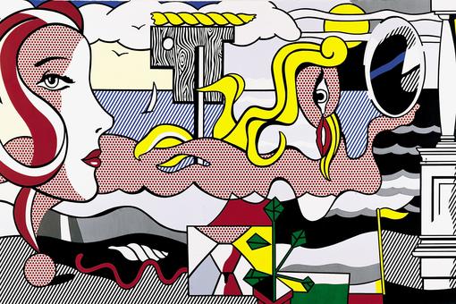 Oil and acrylic painting depicting seaside landscape painted in Roy Lichtenstein typical comic style with different objects and figures