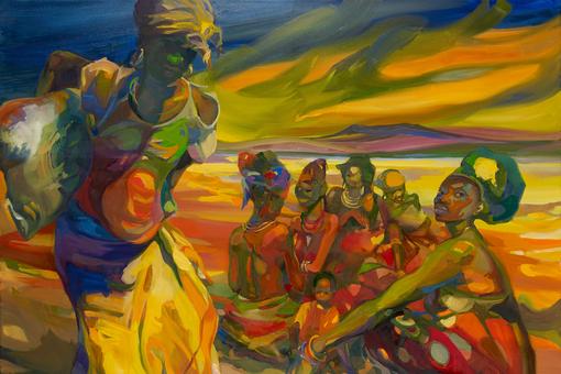 Colorful painting in predominantly yellow and orange tones showing a group of African women in their colorful robes