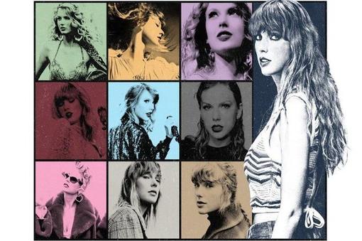 An event poster with different photos of Taylor Swift that have been graphically edited